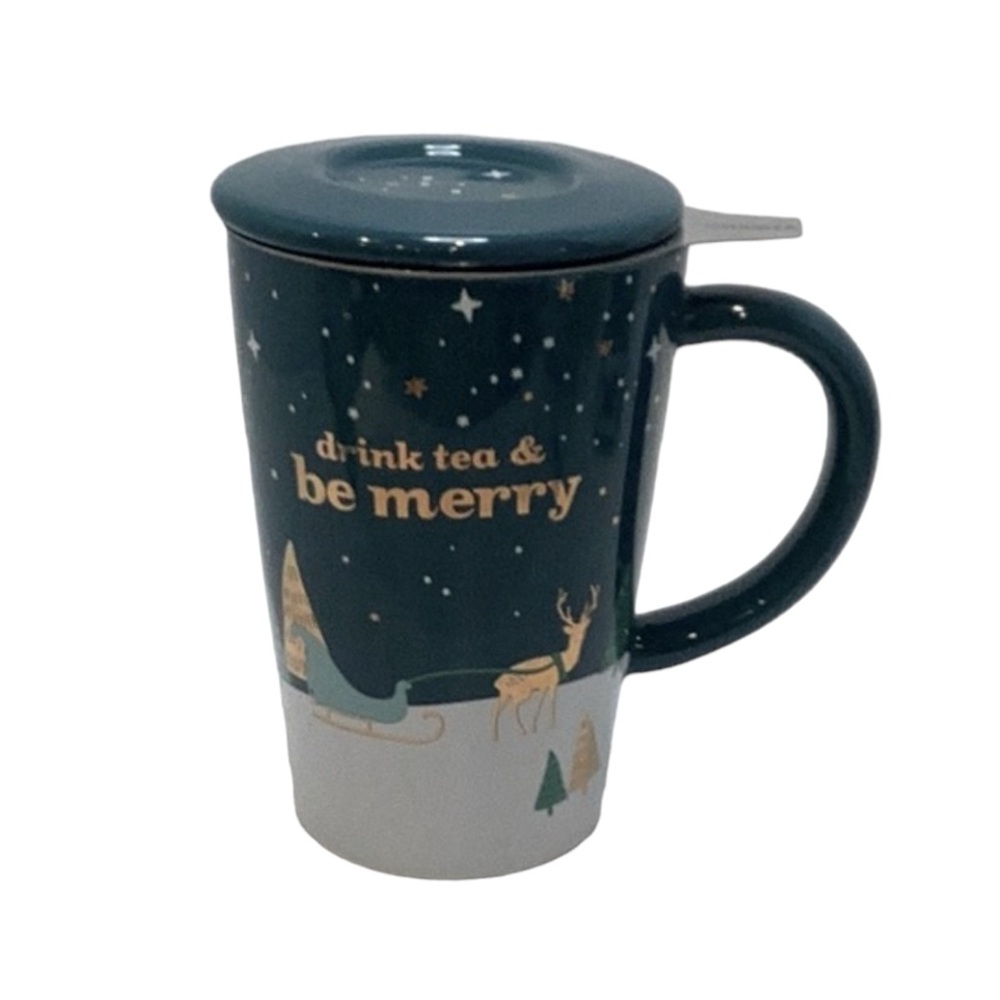 💚 David’s Tea Christmas Mug with Lid and Strainer Insert